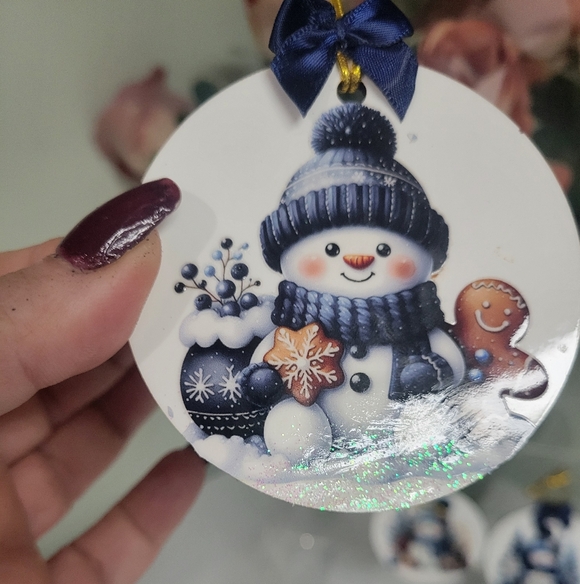 Hand Crafted Other - NWT 4 HANDMADE 2 SIDED BLUE SNOWMAN ORNAMENTS CHRISTMAS W Glittery Snow And Bow